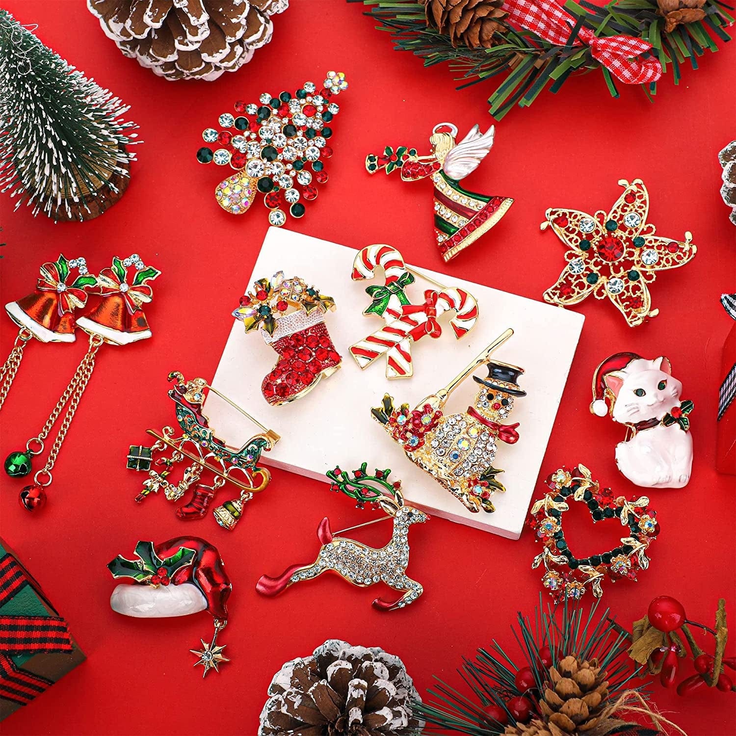 12 Pieces Christmas Brooches Set Crystal Brooch Pins Christmas Rhinestone Lapel Pins Christmas Tree Bells Snowman Brooches for Women Xmas Decor Party Supplies Holiday Gifts