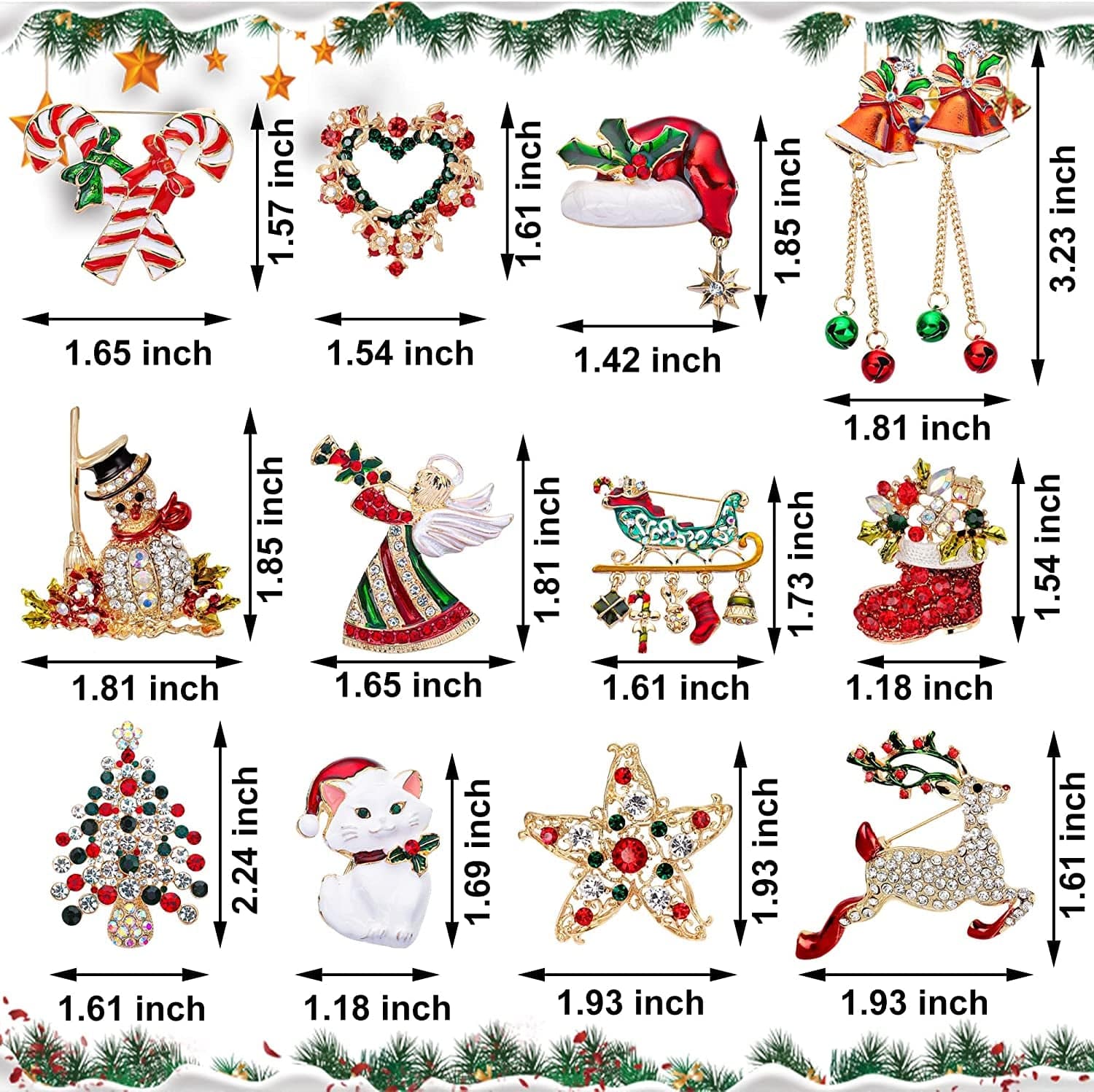 12 Pieces Christmas Brooches Set Crystal Brooch Pins Christmas Rhinestone Lapel Pins Christmas Tree Bells Snowman Brooches for Women Xmas Decor Party Supplies Holiday Gifts