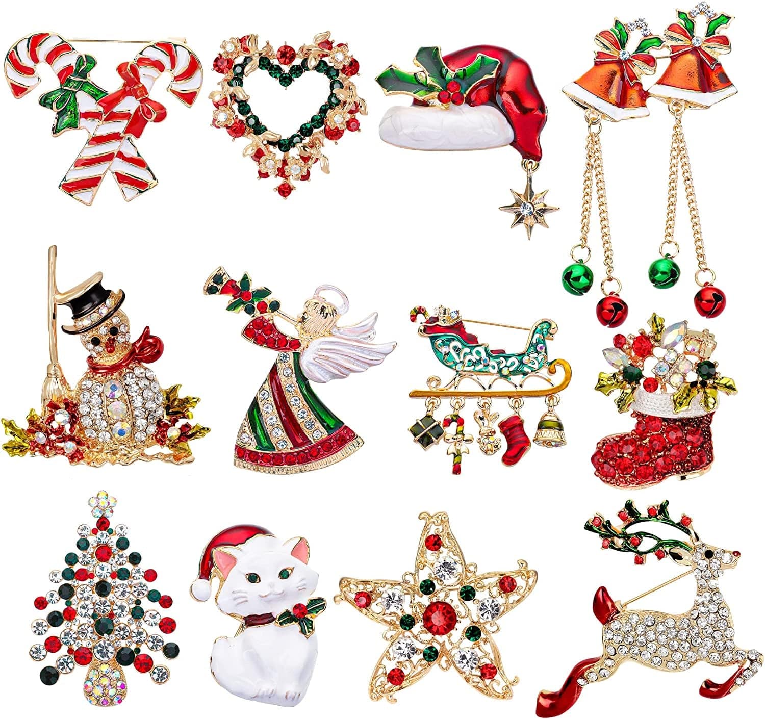 12 Pieces Christmas Brooches Set Crystal Brooch Pins Christmas Rhinestone Lapel Pins Christmas Tree Bells Snowman Brooches for Women Xmas Decor Party Supplies Holiday Gifts