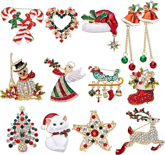 12 Pieces Christmas Brooches Set Crystal Brooch Pins Christmas Rhinestone Lapel Pins Christmas Tree Bells Snowman Brooches for Women Xmas Decor Party Supplies Holiday Gifts