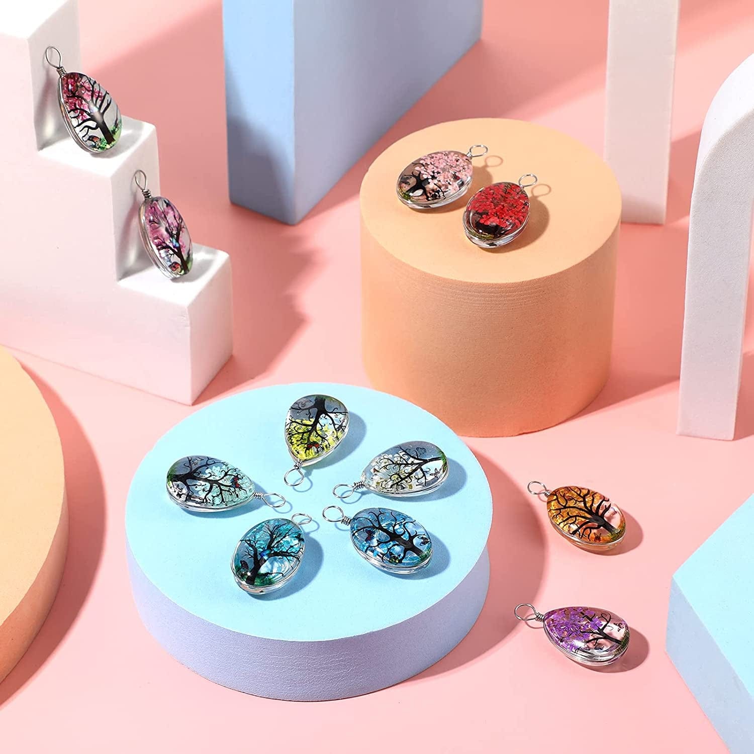 12 Pieces Dried Flower Tree Pendant Mixed Colors Transparent Resin Charms Water Drop Glass Beads Lacework Pressed Flower Charms for Necklace Making Jewelry DIY Craft , 0.7 X 1 X 0.3 Inch