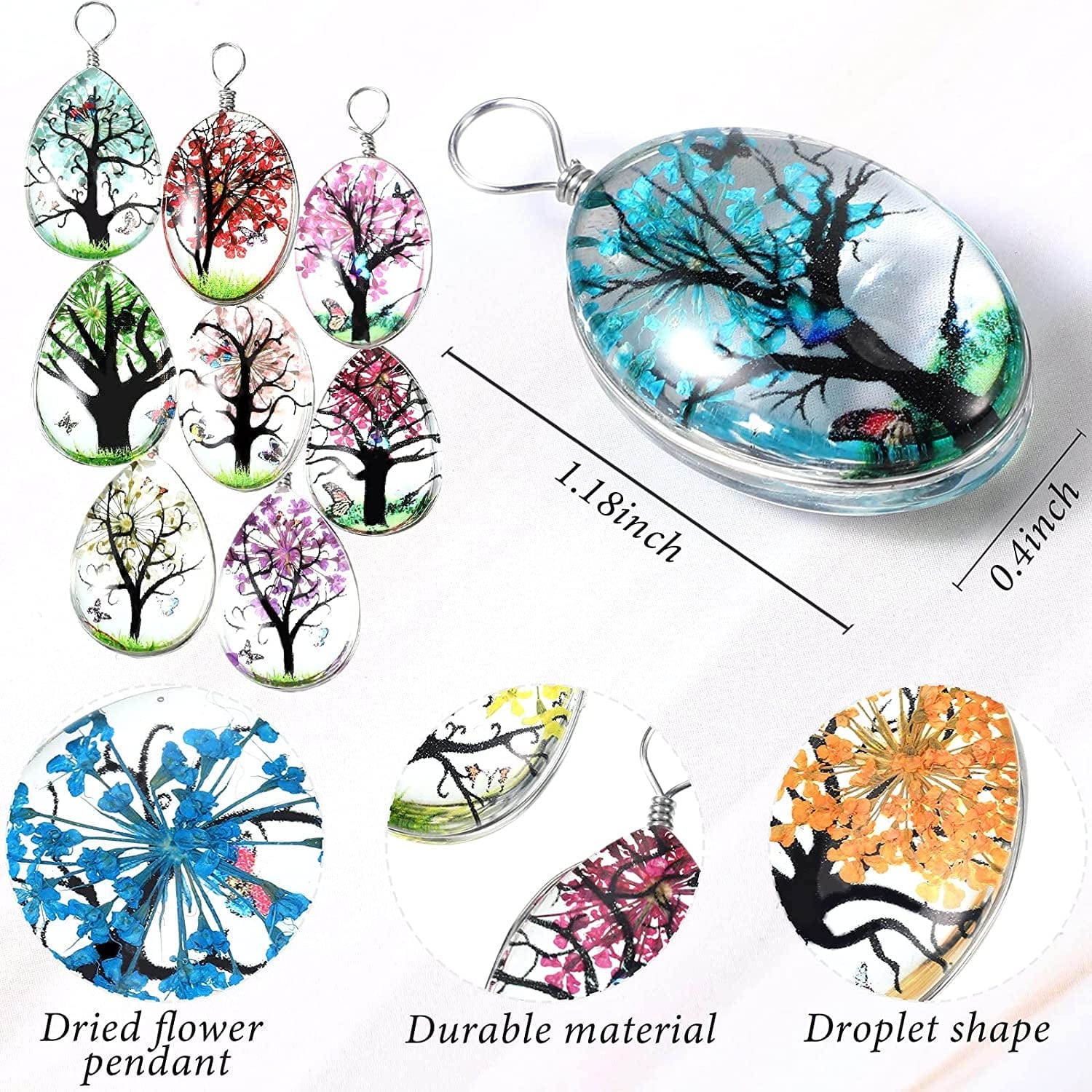 12 Pieces Dried Flower Tree Pendant Mixed Colors Transparent Resin Charms Water Drop Glass Beads Lacework Pressed Flower Charms for Necklace Making Jewelry DIY Craft , 0.7 X 1 X 0.3 Inch