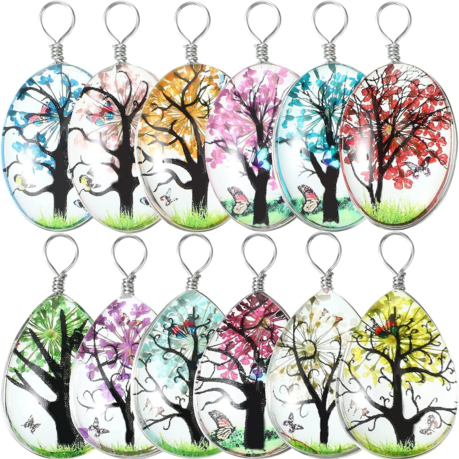 12 Pieces Dried Flower Tree Pendant Mixed Colors Transparent Resin Charms Water Drop Glass Beads Lacework Pressed Flower Charms for Necklace Making Jewelry DIY Craft , 0.7 X 1 X 0.3 Inch