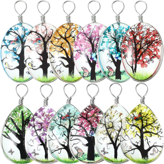 12 Pieces Dried Flower Tree Pendant Mixed Colors Transparent Resin Charms Water Drop Glass Beads Lacework Pressed Flower Charms for Necklace Making Jewelry DIY Craft , 0.7 X 1 X 0.3 Inch