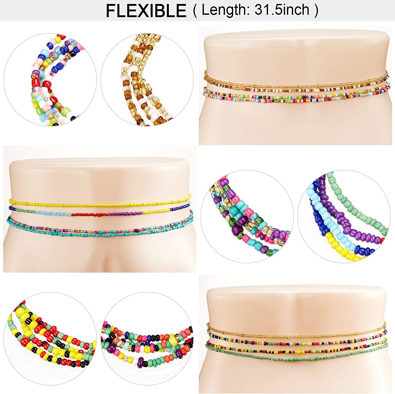 12 Pieces Elastic Waist Bead Chains Summer Body Chains Colorful Belly Beads African Bikini Jewelry Chains for Women and Girls Apparel & Accessories > Jewelry > Body Jewelry Norme