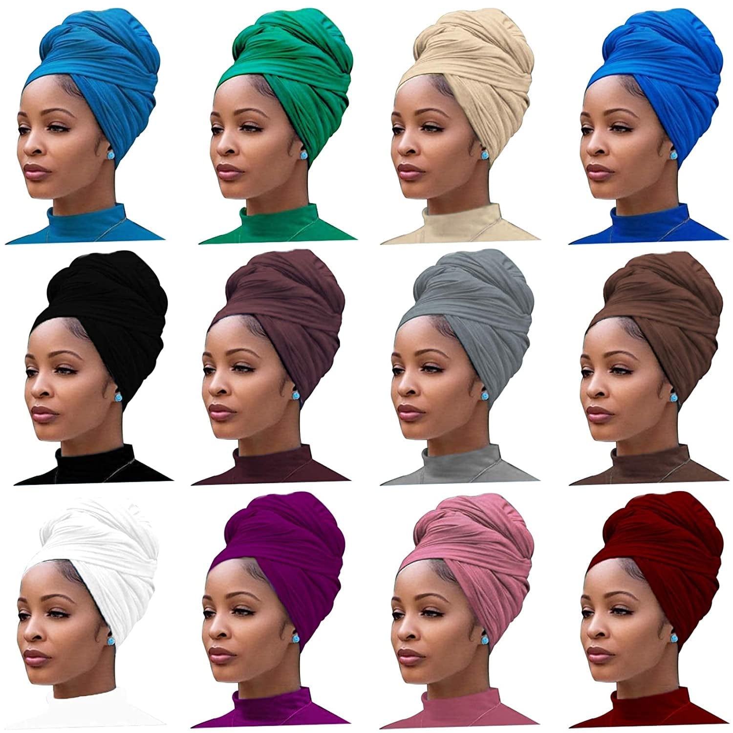 12 Pieces Head Wrap Scarf Stretch Jersey Turban Extra Long Ultra Soft Urban Headwraps for Women Solid Color African Headwear Headband Tie (Set 01) Apparel & Accessories > Clothing Accessories > Headwear Messen Wine Red, Beige,Purple,Black, Camel,Brown,White, Light Blue,Gray,Green,Pink, Royal Blue