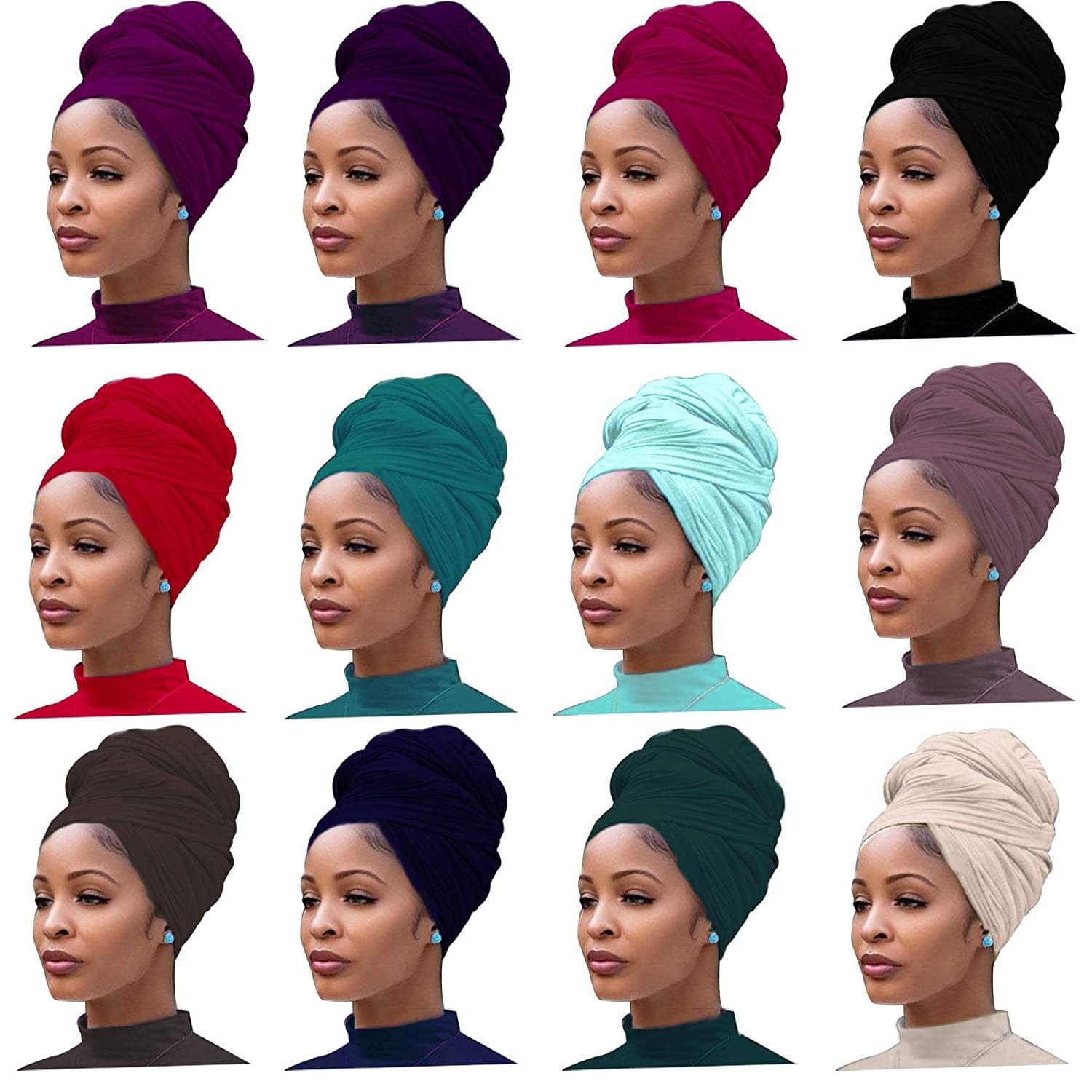 12 Pieces Head Wrap Scarf Stretch Jersey Turban Extra Long Ultra Soft Urban Headwraps for Women Solid Color African Headwear Headband Tie (Set 01) Apparel & Accessories > Clothing Accessories > Headwear Messen Light Ha Cyan Color,Dark Purple,Purple Rose,Rose Red,Dark Ha Cyan Color,Red,Navy Blue,Coffee Color,Champagne Color,Lotus root Pink,Mint Green,Black