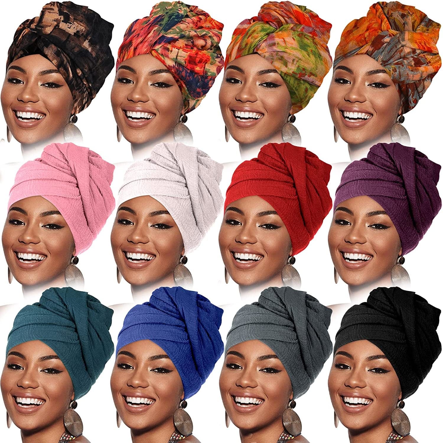 12 Pieces Head Wraps for Women Turban Head Wraps Solid Color African Headwear Headband Tie Soft Long Hair Wrap Scarf Apparel & Accessories > Clothing Accessories > Headwear Geyoga Chic Colors