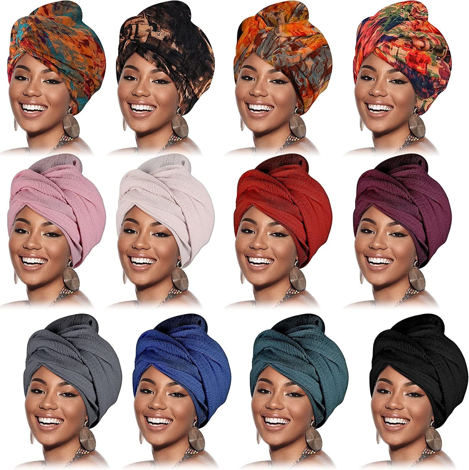12 Pieces Head Wraps for Women Turban Head Wraps Solid Color African Headwear Headband Tie Soft Long Hair Wrap Scarf Apparel & Accessories > Clothing Accessories > Headwear Geyoga