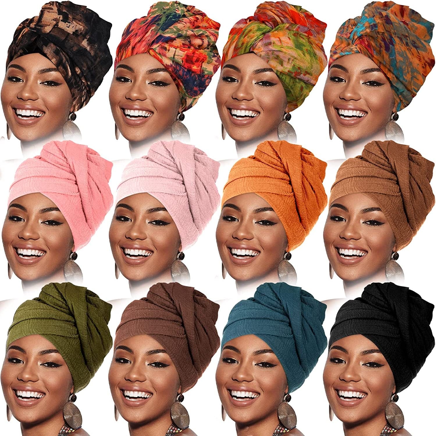 12 Pieces Head Wraps for Women Turban Head Wraps Solid Color African Headwear Headband Tie Soft Long Hair Wrap Scarf Apparel & Accessories > Clothing Accessories > Headwear Geyoga Classic Colors