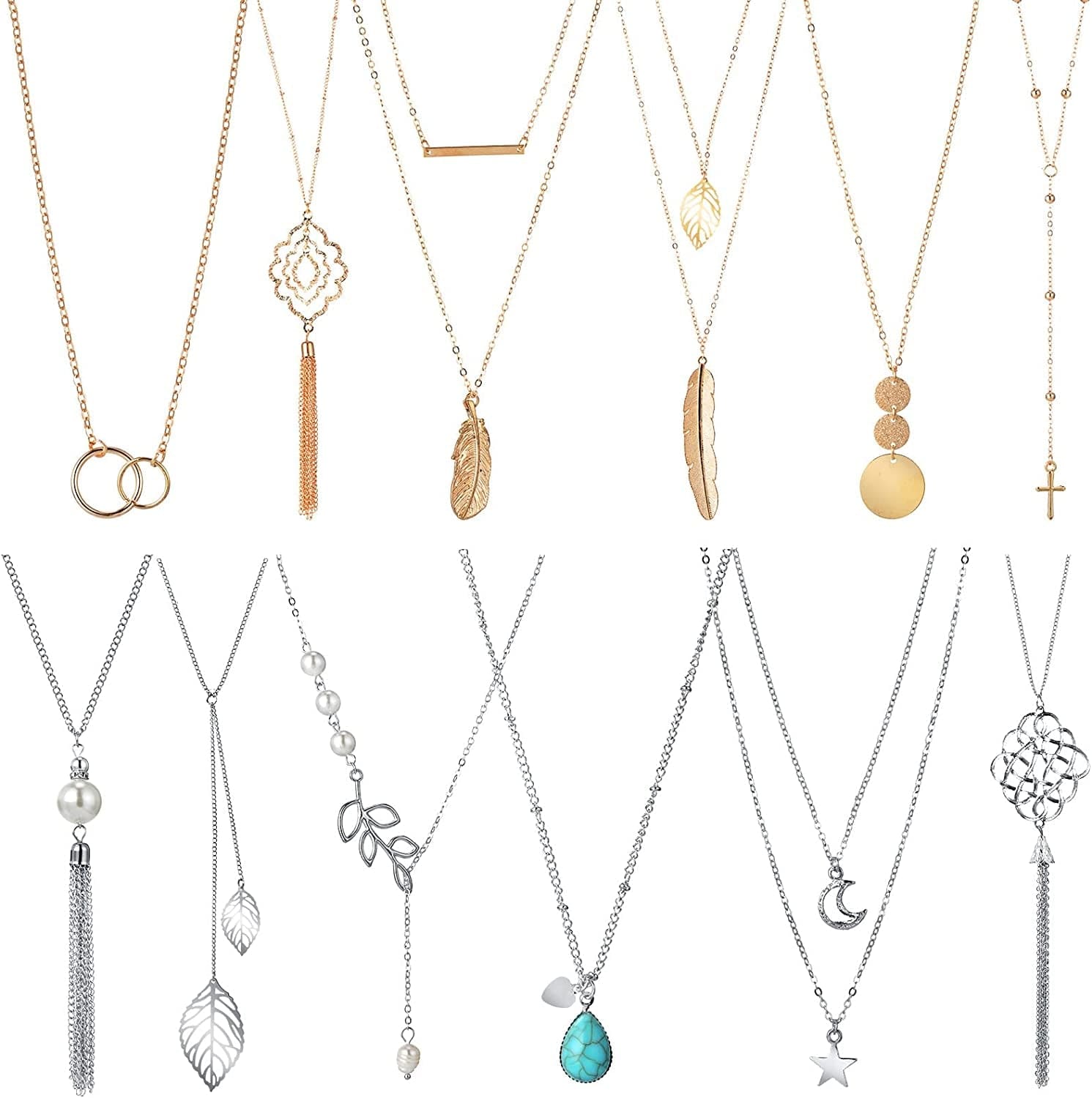 12 Pieces Long Pendant Necklace Set Y Tassel Leaf Circle Bar Necklace for Women Multiple Shape