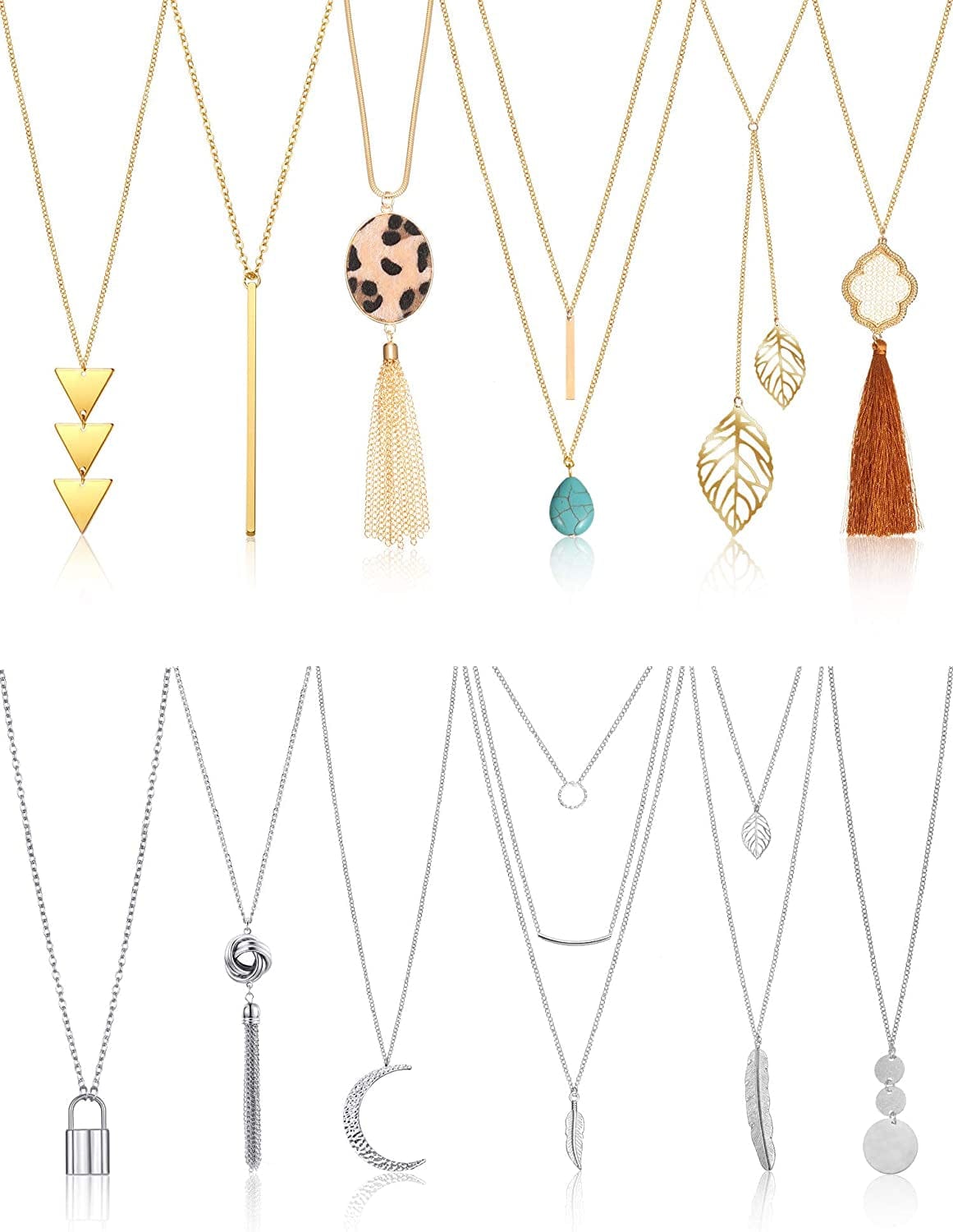 12 Pieces Long Pendant Necklace Set Y Tassel Leaf Circle Bar Necklace for Women Polygon