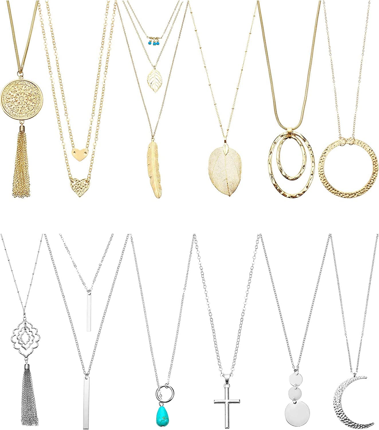 12 Pieces Long Pendant Necklace Set Y Tassel Leaf Circle Bar Necklace for Women Round