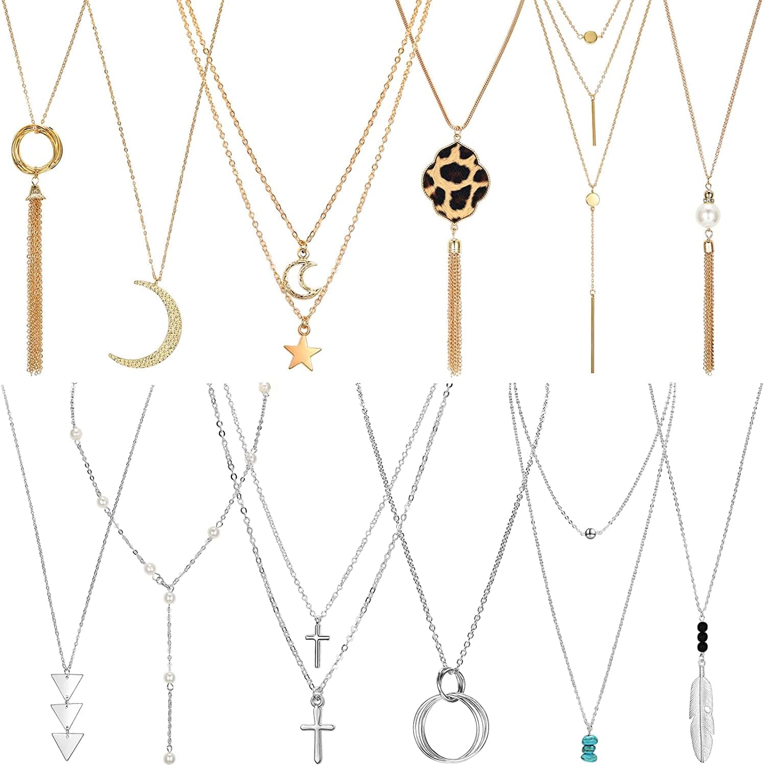 12 Pieces Long Pendant Necklace Set Y Tassel Leaf Circle Bar Necklace for Women Delicate Style