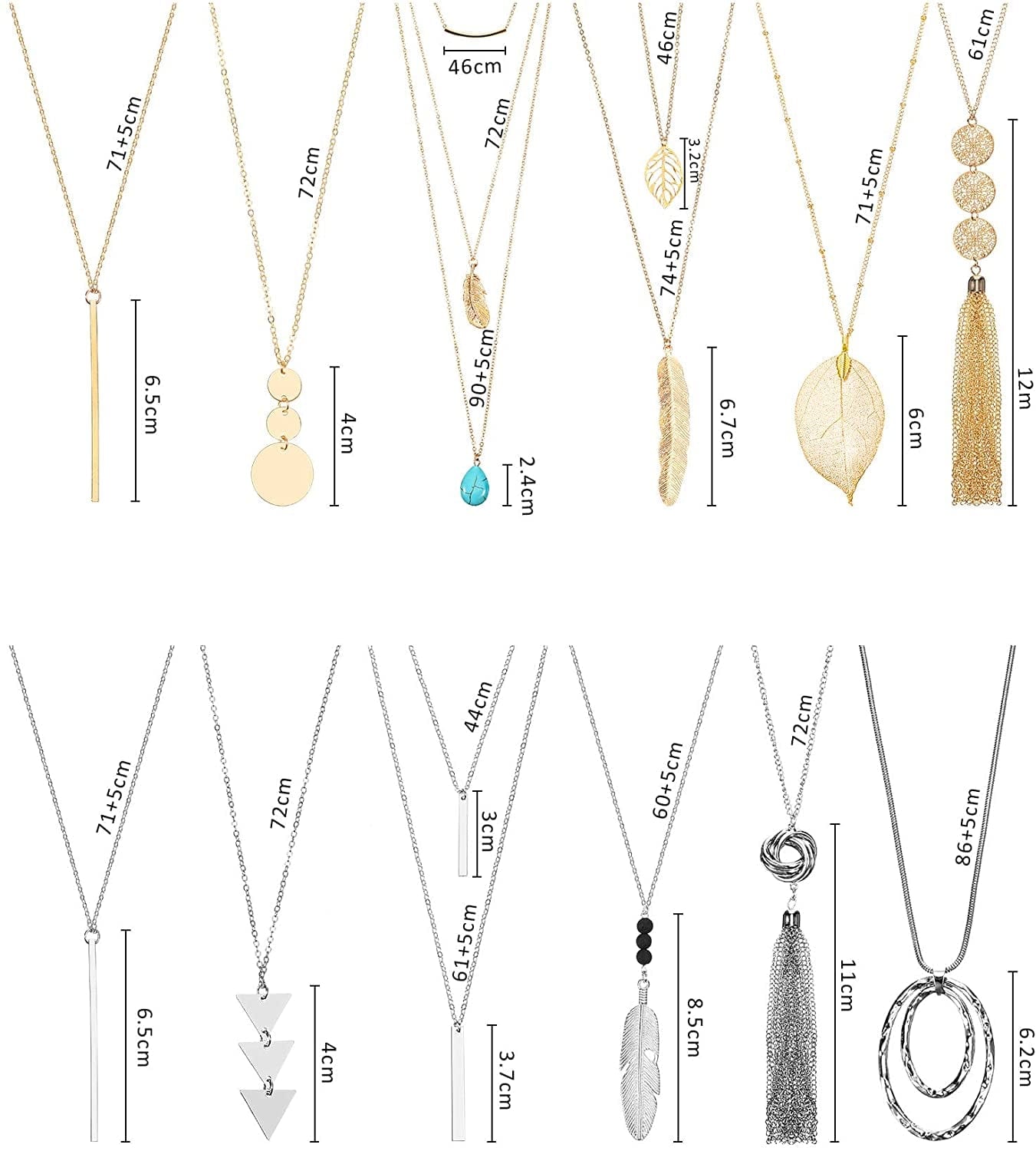 12 Pieces Long Pendant Necklace Set Y Tassel Leaf Circle Bar Necklace for Women