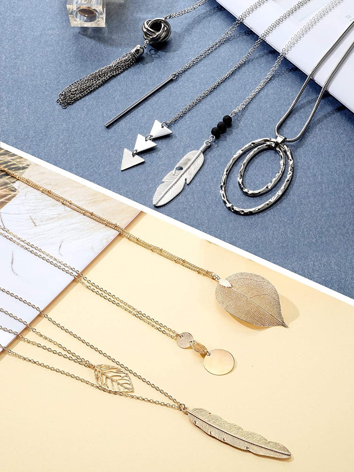 12 Pieces Long Pendant Necklace Set Y Tassel Leaf Circle Bar Necklace for Women