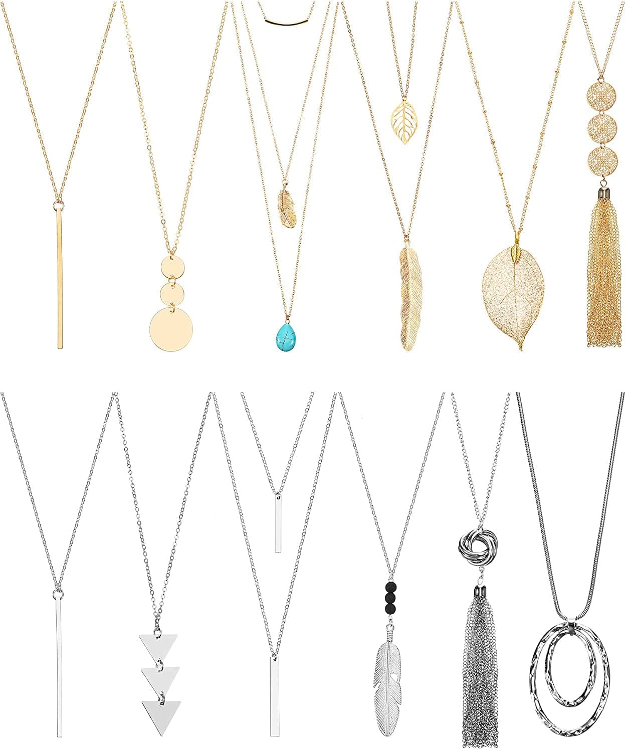 12 Pieces Long Pendant Necklace Set Y Tassel Leaf Circle Bar Necklace for Women Tassel