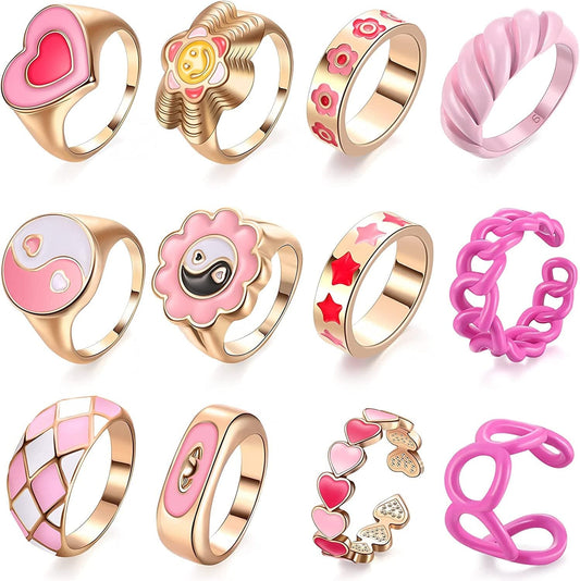 12 Pieces Y2K Rings Colorful Resin Acrylic Rings Chunky Rings Vintage Knuckle Rings Trendy Enamel Rings for Women Classic Style