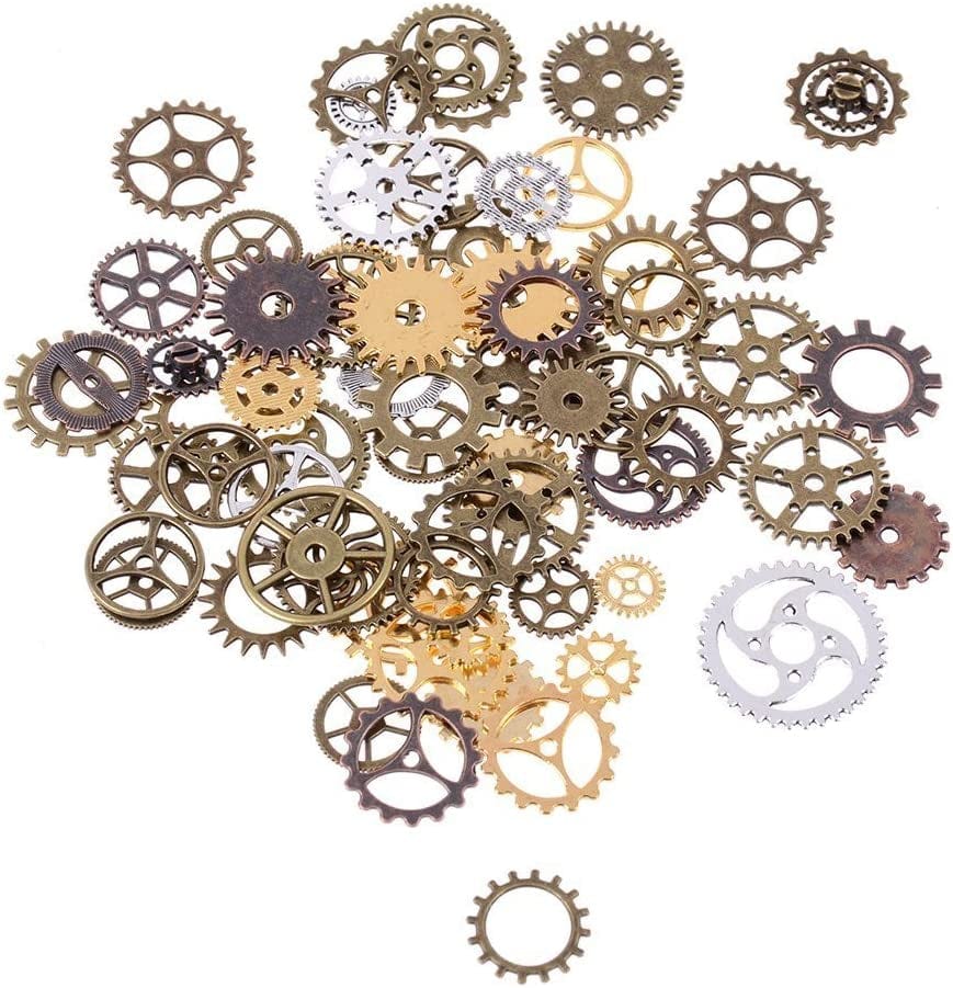 120 Gram Antique Bronze Vintage Skeleton Keys Steampunk Gears Cogs Charms Pendant Clock Watch Wheel for Jewelry Making Supplies, Steampunk Accessories, Craft Projects (Approx 80Pcs) Style1