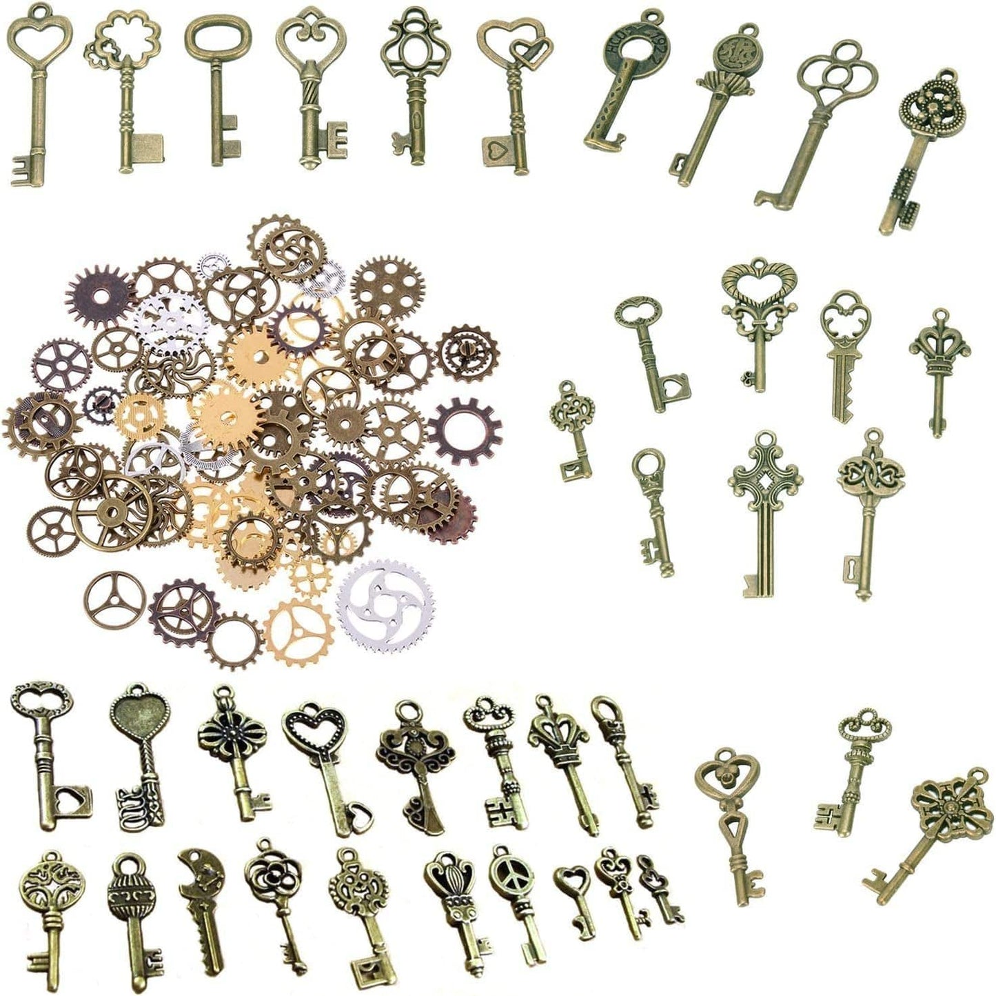 120 Gram Antique Bronze Vintage Skeleton Keys Steampunk Gears Cogs Charms Pendant Clock Watch Wheel for Jewelry Making Supplies, Steampunk Accessories, Craft Projects (Approx 80Pcs) Style1