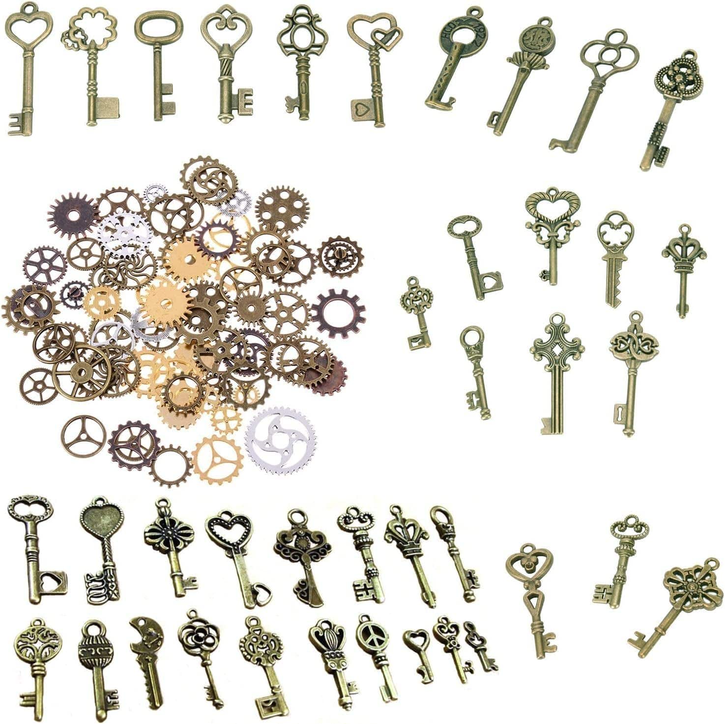 120 Gram Antique Bronze Vintage Skeleton Keys Steampunk Gears Cogs Charms Pendant Clock Watch Wheel for Jewelry Making Supplies, Steampunk Accessories, Craft Projects (Approx 80Pcs) Style1