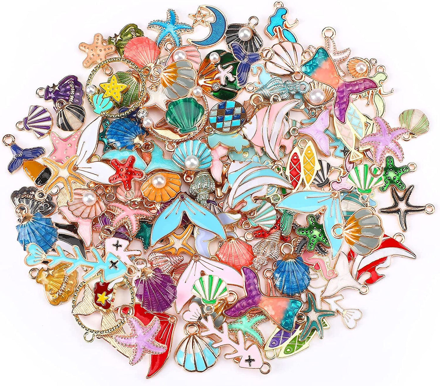 120 Pcs Gifts for Women Mom Floral Themed Flower Charms for Jewelry Making, Assorted Gold Enamel Charm Pendants for DIY Necklace Bracelet Making Supplies Ocean