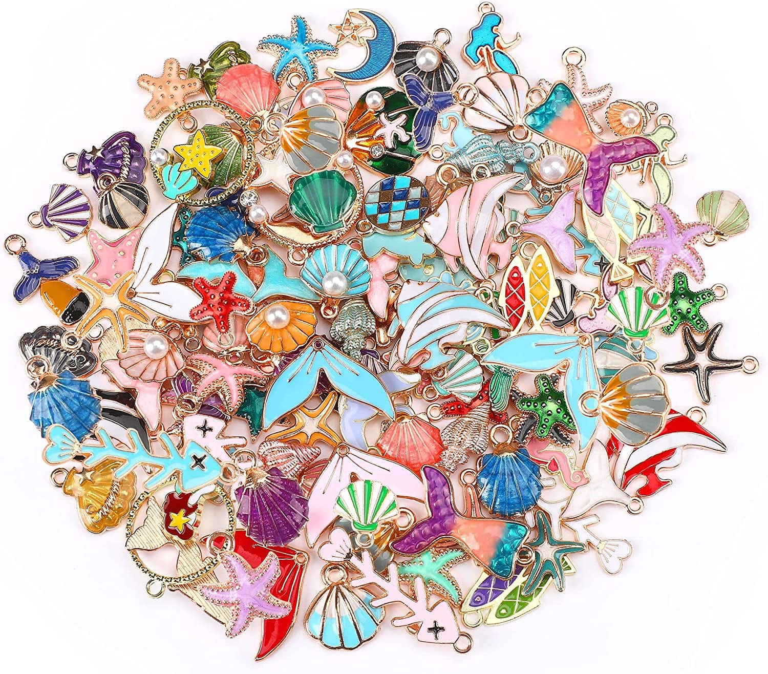 120 Pcs Gifts for Women Mom Floral Themed Flower Charms for Jewelry Making, Assorted Gold Enamel Charm Pendants for DIY Necklace Bracelet Making Supplies Ocean