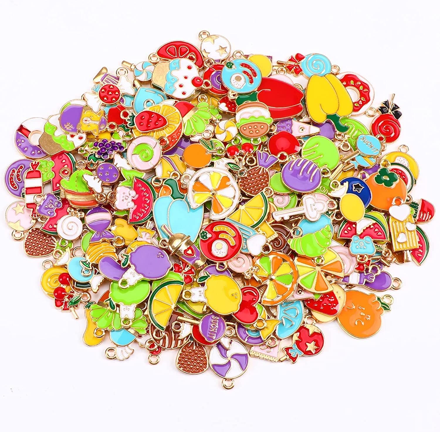 120 Pcs Gifts for Women Mom Floral Themed Flower Charms for Jewelry Making, Assorted Gold Enamel Charm Pendants for DIY Necklace Bracelet Making Supplies Vegetable+Candy