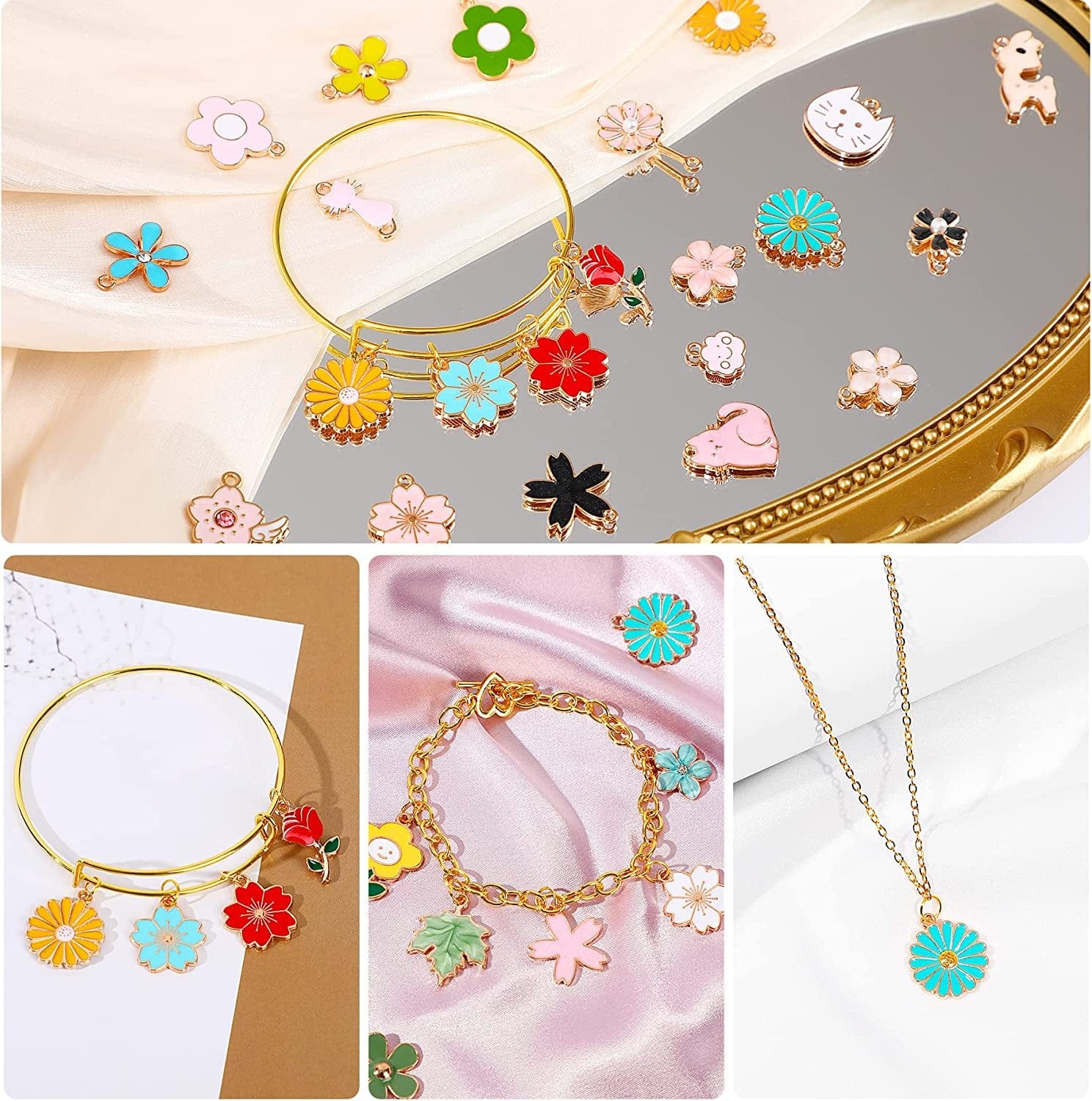 120 Pcs Gifts for Women Mom Floral Themed Flower Charms for Jewelry Making, Assorted Gold Enamel Charm Pendants for DIY Necklace Bracelet Making Supplies