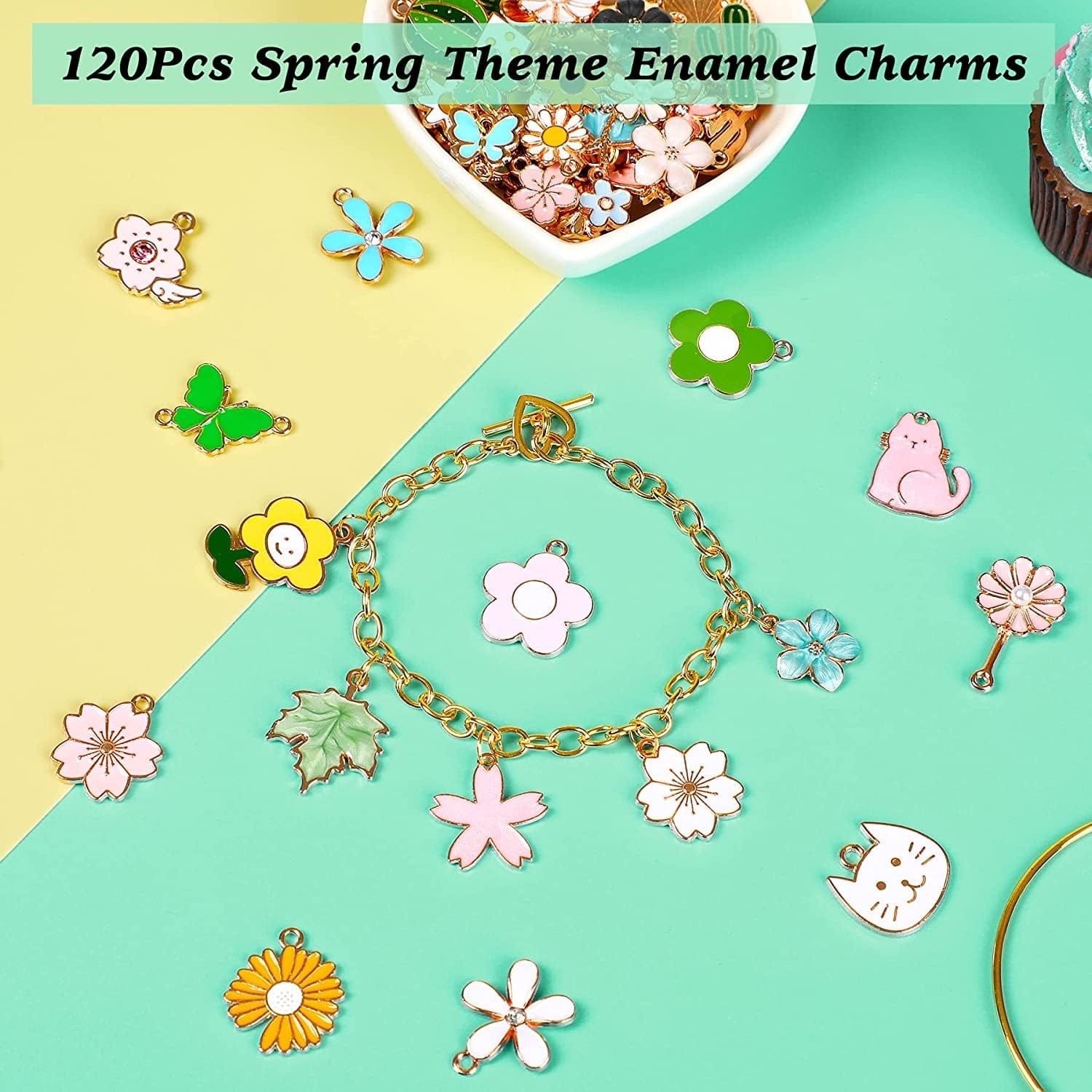 120 Pcs Gifts for Women Mom Floral Themed Flower Charms for Jewelry Making, Assorted Gold Enamel Charm Pendants for DIY Necklace Bracelet Making Supplies