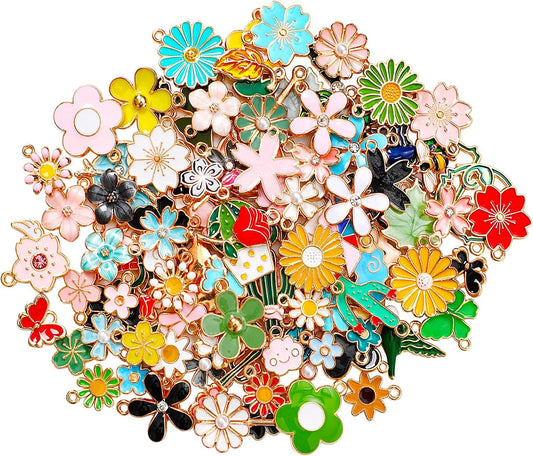 120 Pcs Gifts for Women Mom Floral Themed Flower Charms for Jewelry Making, Assorted Gold Enamel Charm Pendants for DIY Necklace Bracelet Making Supplies Flower