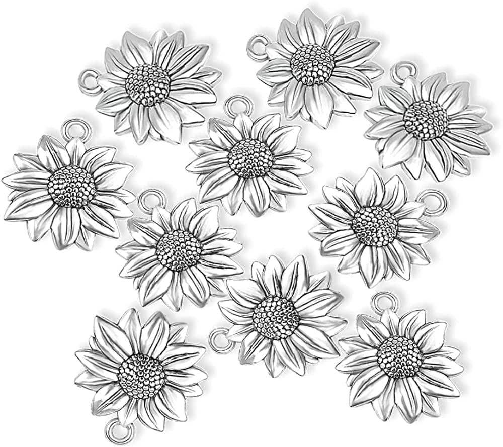 120 Pcs Sunflower Charms Pendant Vintage Antique Gold Alloy Pendant Bead for Jewelry Necklace Bracelet Making Supplies Silver
