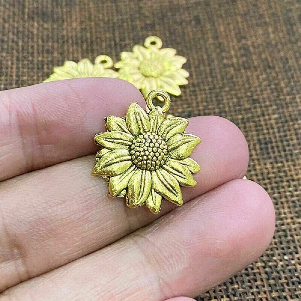 120 Pcs Sunflower Charms Pendant Vintage Antique Gold Alloy Pendant Bead for Jewelry Necklace Bracelet Making Supplies