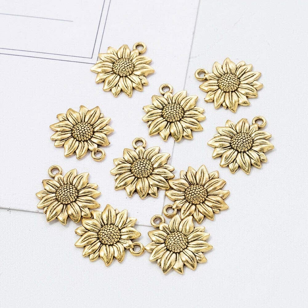 120 Pcs Sunflower Charms Pendant Vintage Antique Gold Alloy Pendant Bead for Jewelry Necklace Bracelet Making Supplies