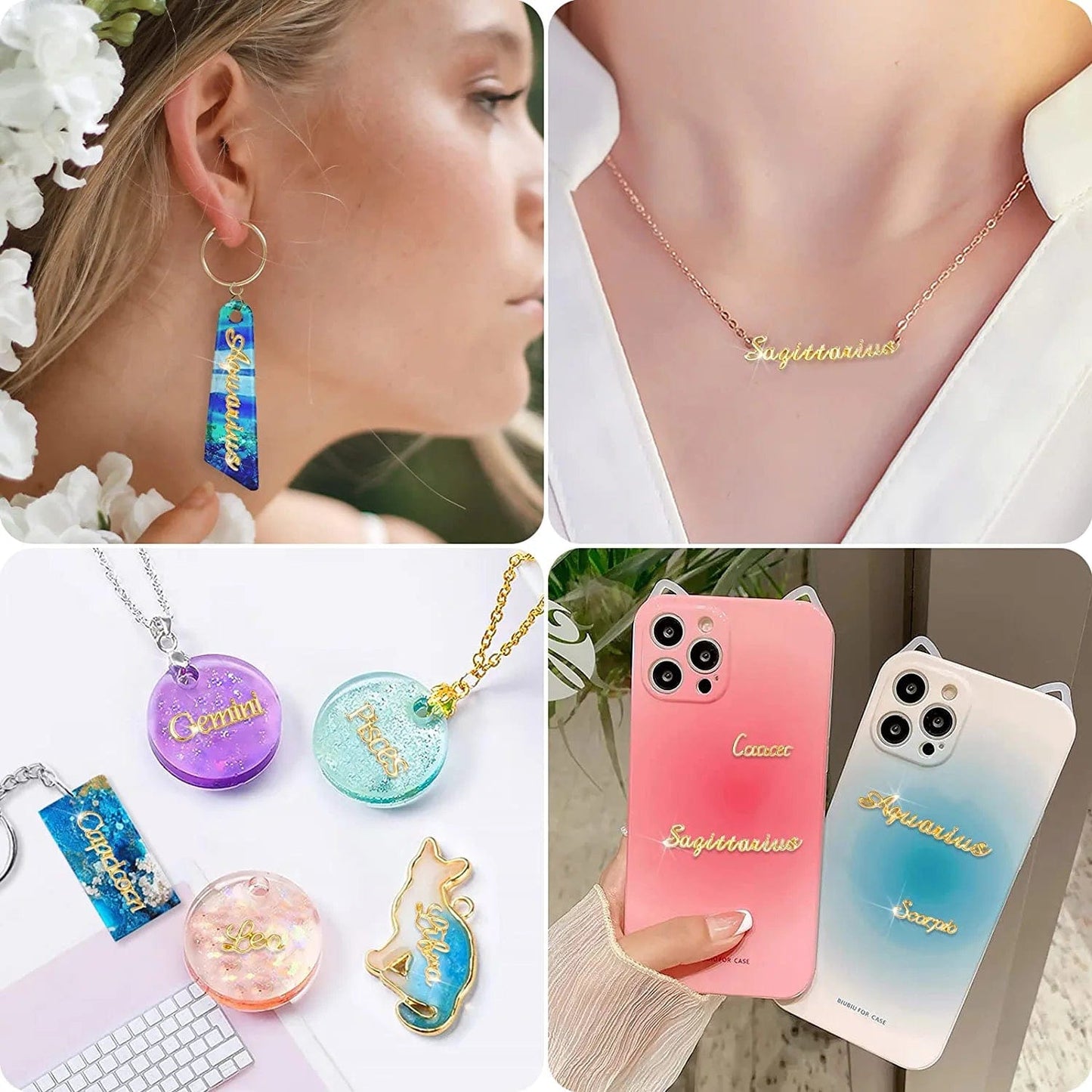 120 PCS Zodiac Word Message Charm Pendant, Gold and Silver Twelve Constellation Charm Alloy Zodiac Nail Charms DIY Pendant for Jewelry Making , Resin Mold , Nail , Etc.