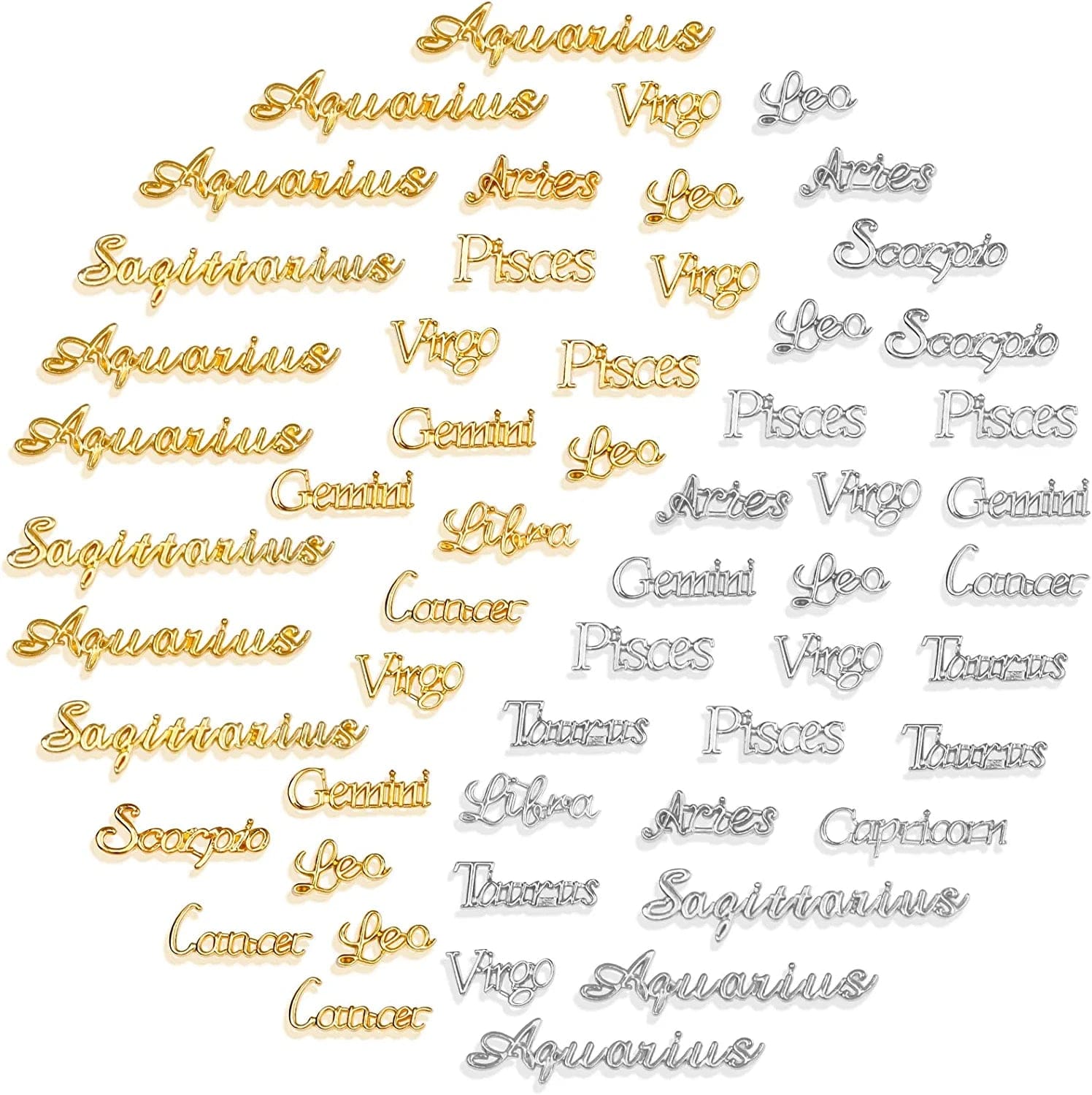 120 PCS Zodiac Word Message Charm Pendant, Gold and Silver Twelve Constellation Charm Alloy Zodiac Nail Charms DIY Pendant for Jewelry Making , Resin Mold , Nail , Etc. 72 Pcs, 36 Pcs Gold and 36 Pcs Silver
