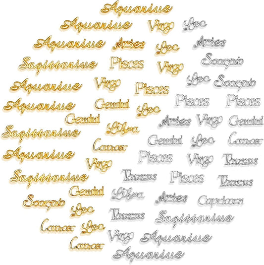 120 PCS Zodiac Word Message Charm Pendant, Gold and Silver Twelve Constellation Charm Alloy Zodiac Nail Charms DIY Pendant for Jewelry Making , Resin Mold , Nail , Etc. 72 Pcs, 36 Pcs Gold and 36 Pcs Silver