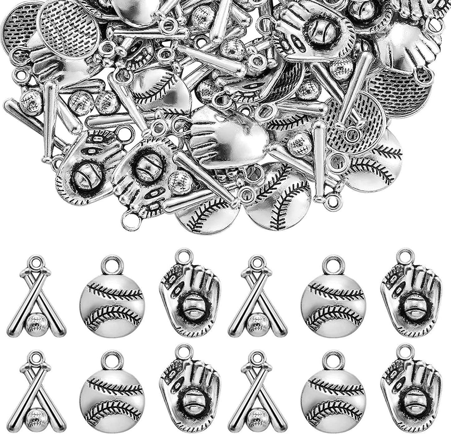 120 Pieces Alloy Baseball Charms Silver Softball Charms Baseball Glove Bat Charms Antique Softball Beads Sports Theme Pendants for Bracelet Necklace Earring DIY Jewelry Making, 3 Styles