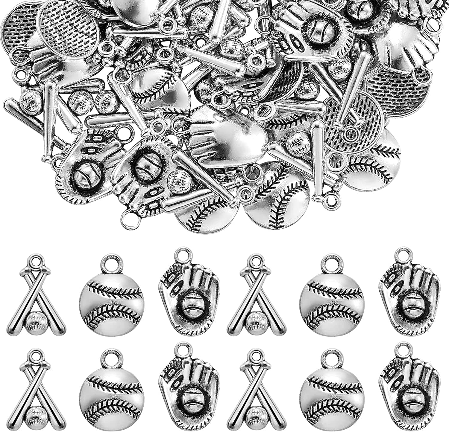 120 Pieces Alloy Baseball Charms Silver Softball Charms Baseball Glove Bat Charms Antique Softball Beads Sports Theme Pendants for Bracelet Necklace Earring DIY Jewelry Making, 3 Styles