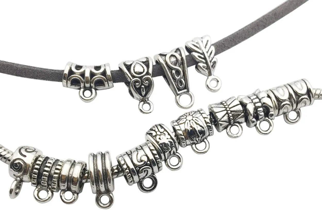 120Pcs Bail Beads Charm Bracelets Mixed Antique Tibetan Silver Bail Tube Beads,Spacer Bead,Bail Beads,Bead Hanger Fit Charm European Bracelet Bracelet Pendant Charms 120pcs Mixed