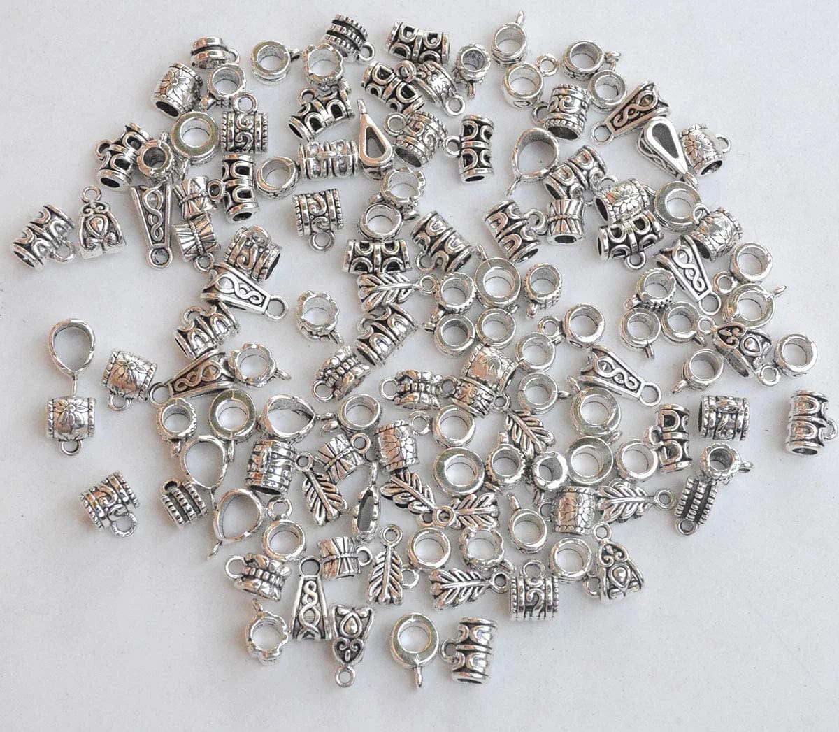 120Pcs Bail Beads Charm Bracelets Mixed Antique Tibetan Silver Bail Tube Beads,Spacer Bead,Bail Beads,Bead Hanger Fit Charm European Bracelet Bracelet Pendant Charms 120pcs Mixed
