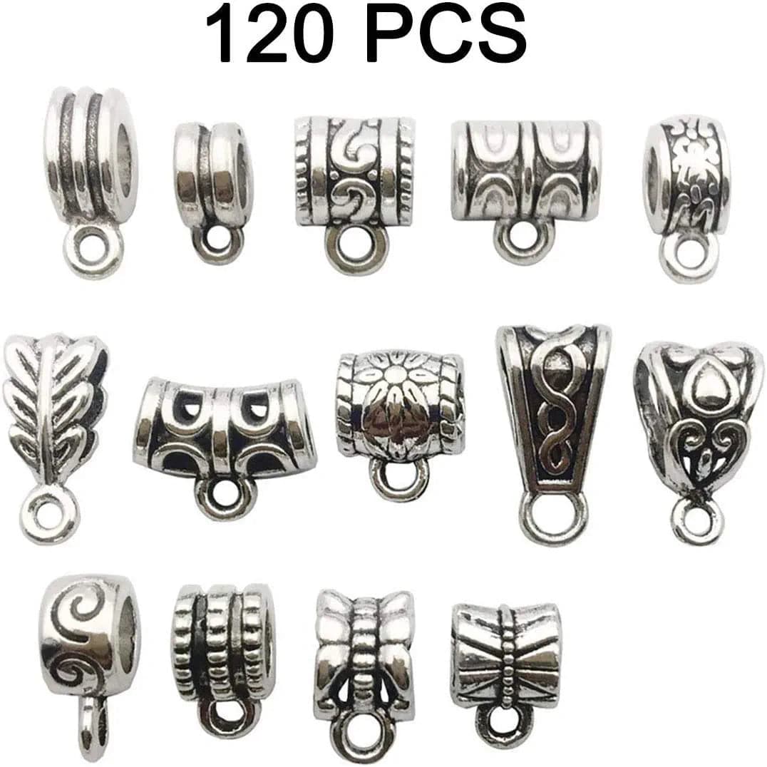 120Pcs Bail Beads Charm Bracelets Mixed Antique Tibetan Silver Bail Tube Beads,Spacer Bead,Bail Beads,Bead Hanger Fit Charm European Bracelet Bracelet Pendant Charms 120pcs Mixed