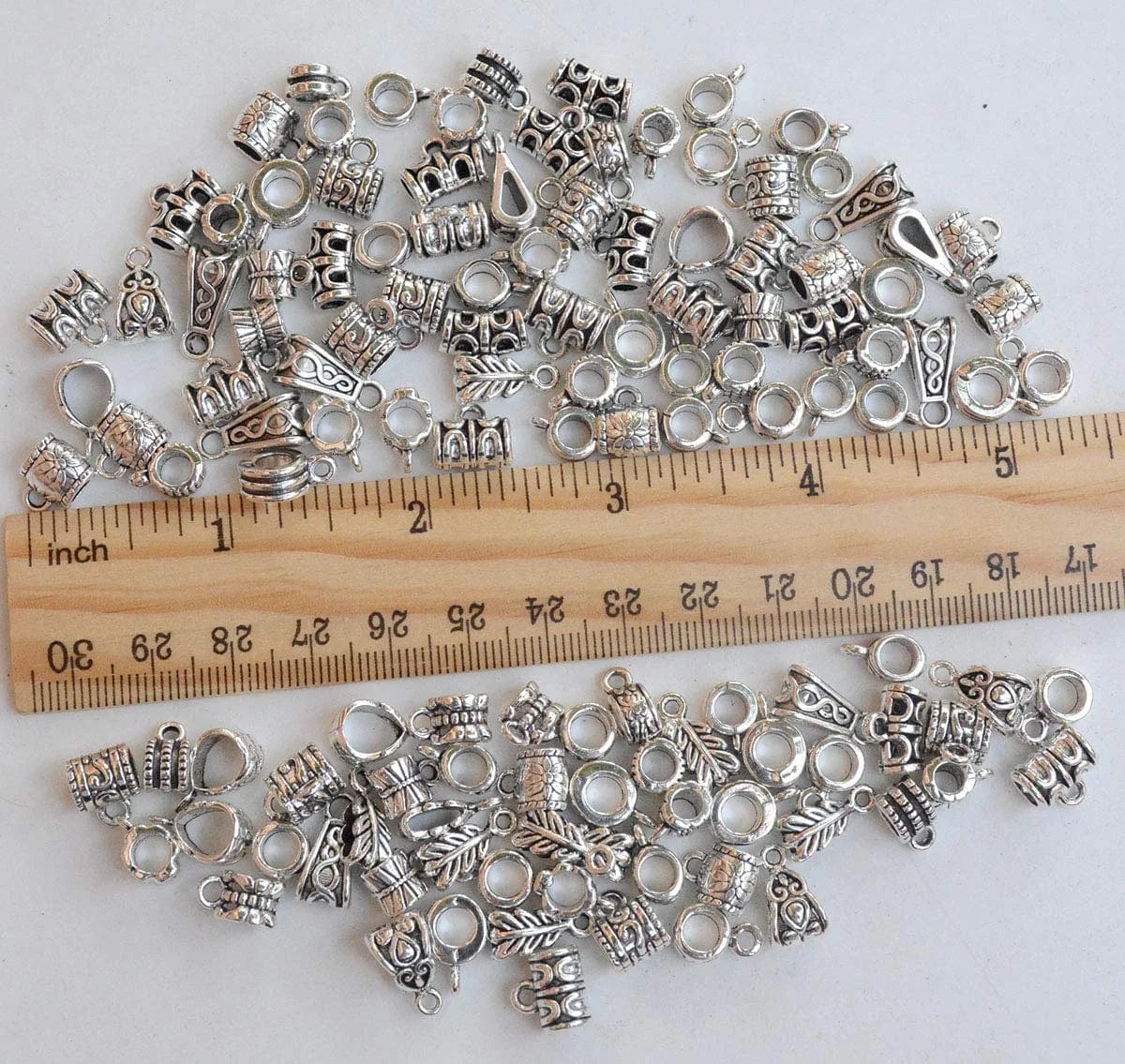 120Pcs Bail Beads Charm Bracelets Mixed Antique Tibetan Silver Bail Tube Beads,Spacer Bead,Bail Beads,Bead Hanger Fit Charm European Bracelet Bracelet Pendant Charms 120pcs Mixed