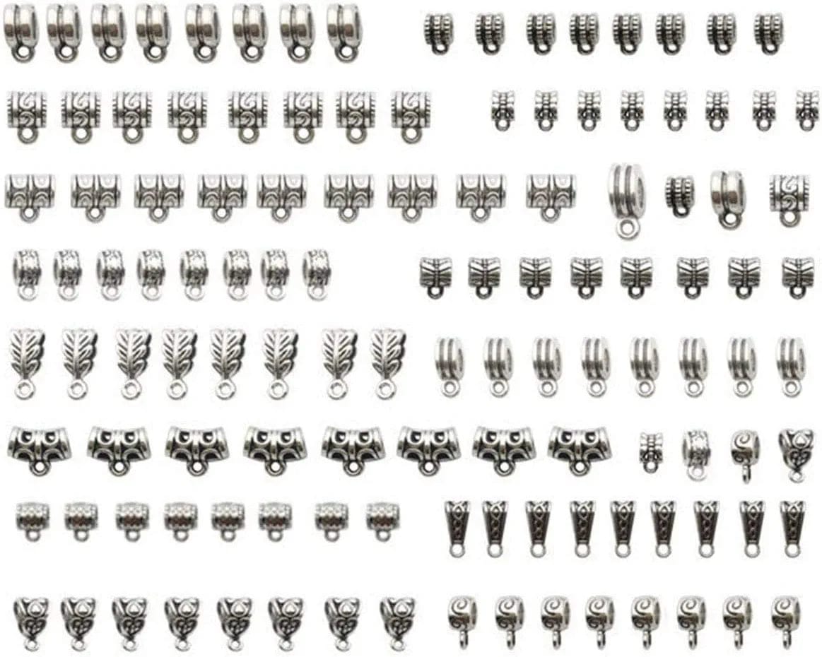120Pcs Bail Beads Charm Bracelets Mixed Antique Tibetan Silver Bail Tube Beads,Spacer Bead,Bail Beads,Bead Hanger Fit Charm European Bracelet Bracelet Pendant Charms 120pcs Mixed
