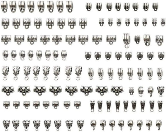 120Pcs Bail Beads Charm Bracelets Mixed Antique Tibetan Silver Bail Tube Beads,Spacer Bead,Bail Beads,Bead Hanger Fit Charm European Bracelet Bracelet Pendant Charms 120pcs Mixed