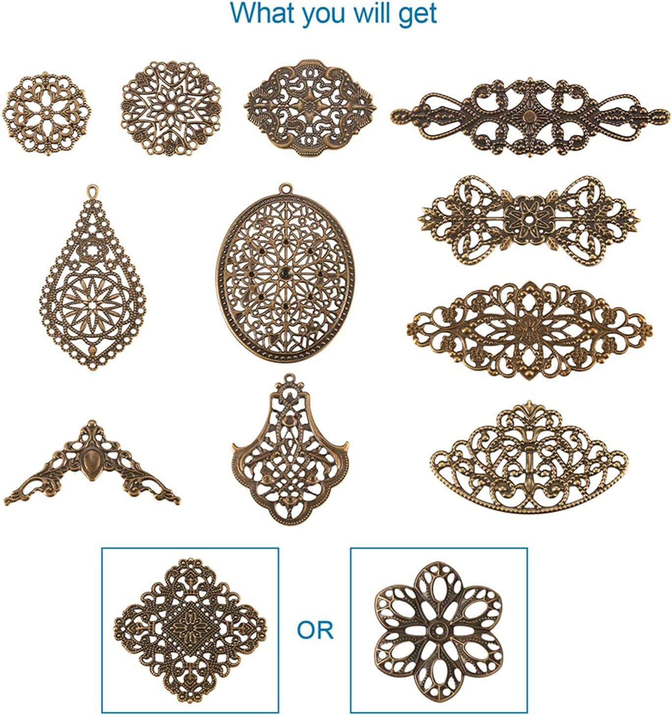 120Pcs/Box Antique Bronze Iron Filigree Connector Charm Pendants Tibetan Metal Filigree Findings for DIY Hairpin Necklace Jewelry Making Antique Bronze