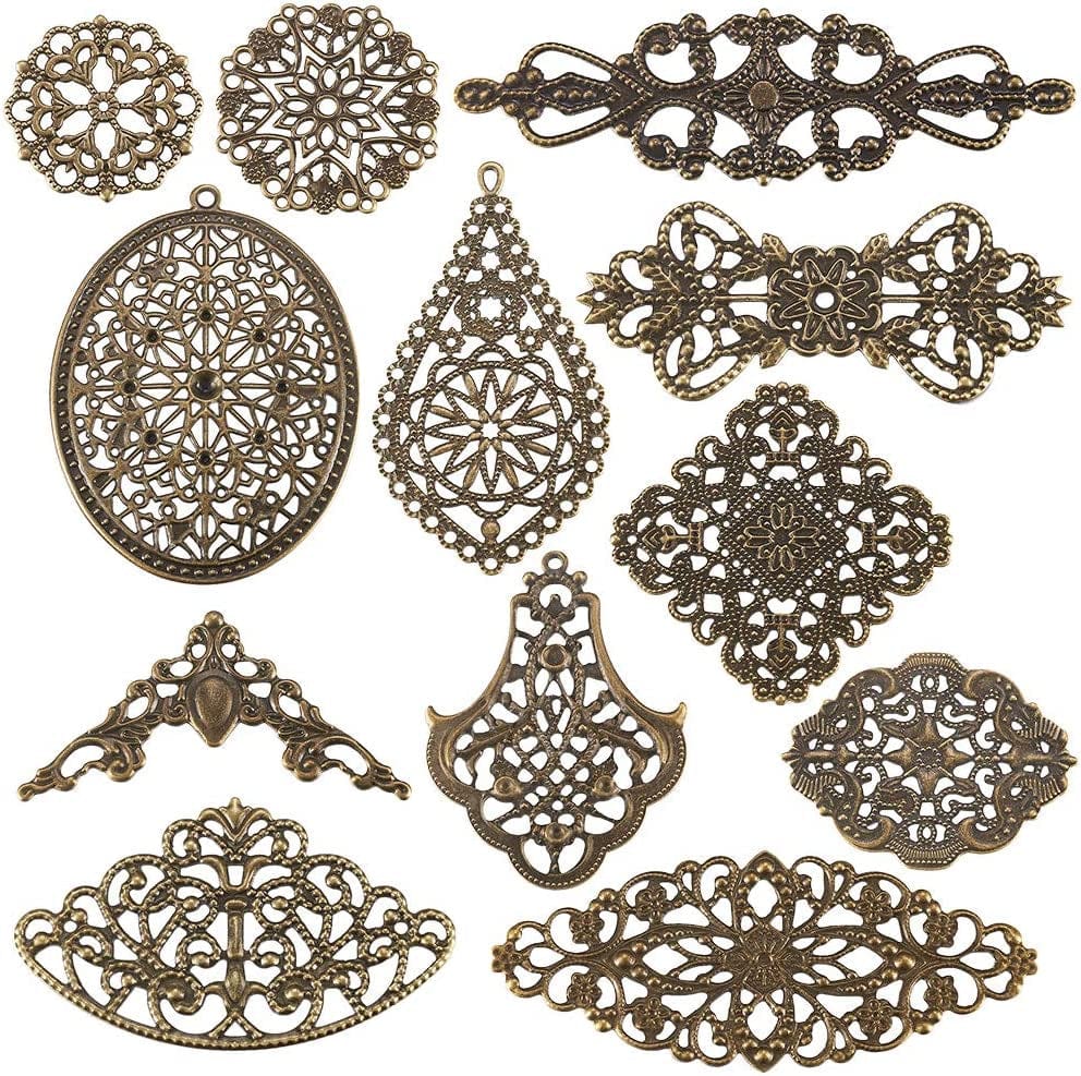 120Pcs/Box Antique Bronze Iron Filigree Connector Charm Pendants Tibetan Metal Filigree Findings for DIY Hairpin Necklace Jewelry Making Antique Bronze