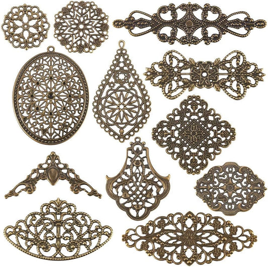 120Pcs/Box Antique Bronze Iron Filigree Connector Charm Pendants Tibetan Metal Filigree Findings for DIY Hairpin Necklace Jewelry Making Antique Bronze