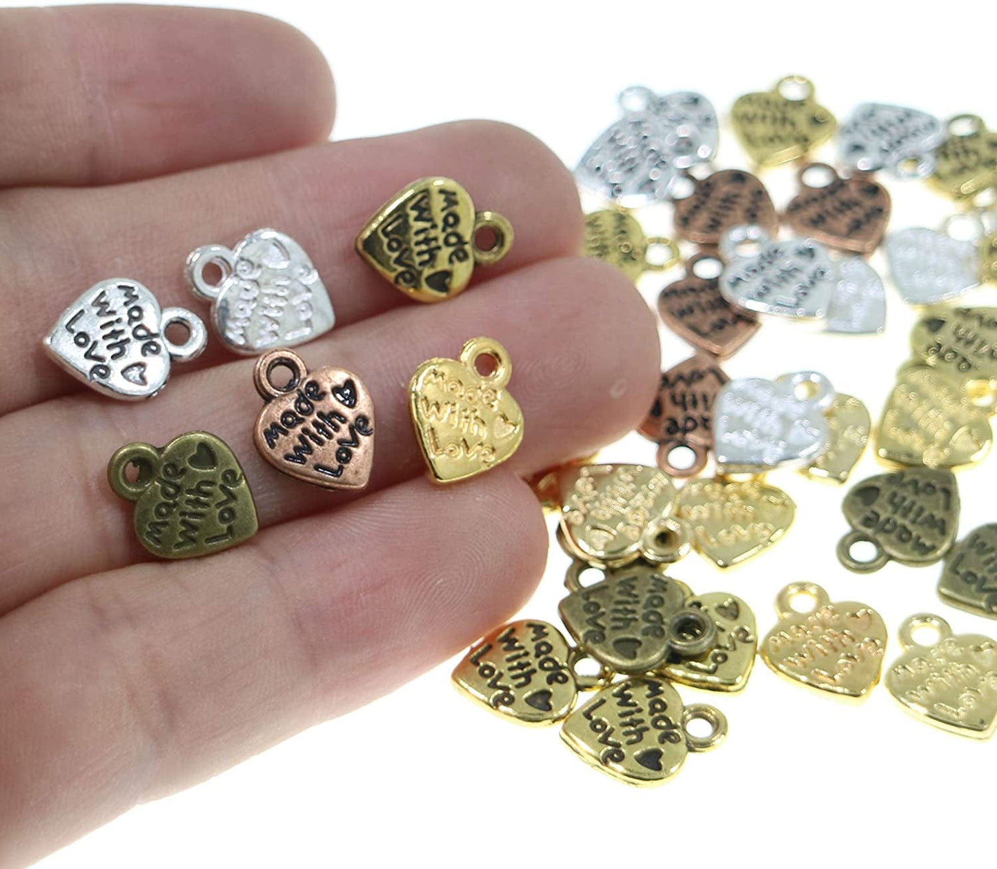 120Pcs Made with Love Lettering Charm Peach Heart Shape Double-Side Pendant for DIY Bracelet Necklace Jewelry Making Findings