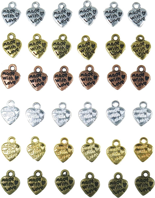 120Pcs Made with Love Lettering Charm Peach Heart Shape Double-Side Pendant for DIY Bracelet Necklace Jewelry Making Findings